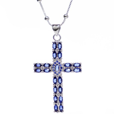 Collar  de cruz circon Azul