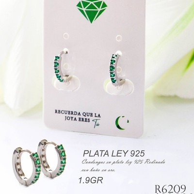 Candongas rosadas con piedra verde en plata ley 925 GR 1.9