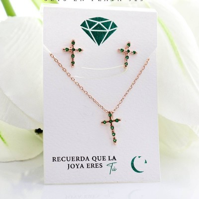 Set de cruz en piedra verde en plata ley 925