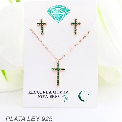 Set de cruz en piedra verde en plata ley 925
