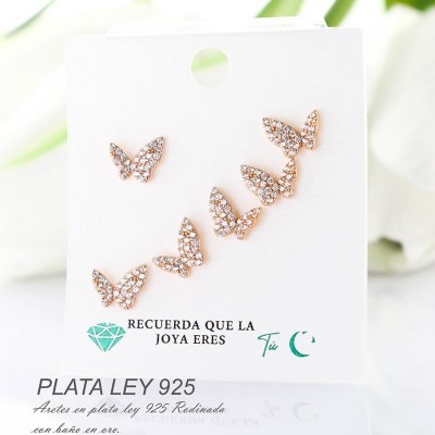 Aretes de mariposa en plata ley 925 con baño en Rodio