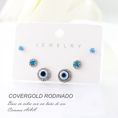 Set x 3 de aretes en covergold con baño en Rodio