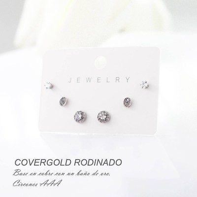 Set x 3 de aretes en covergold con baño en Rodio