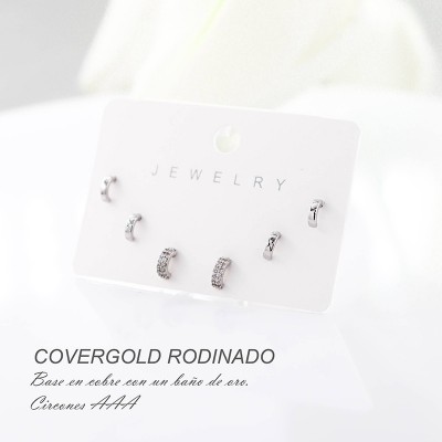 Set x 3 de aretes en covergold con baño en Rodio