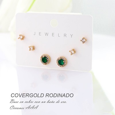 Set x 3 de aretes en covergold con baño en Rodio