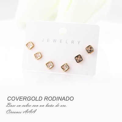 Set x 3 de aretes en covergold con baño en Rodio