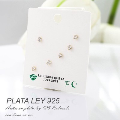 Set de aretes en plata ley 925 con baño en Rodio