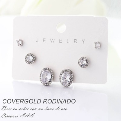 Set x 3 de aretes en covergold con baño en Rodio
