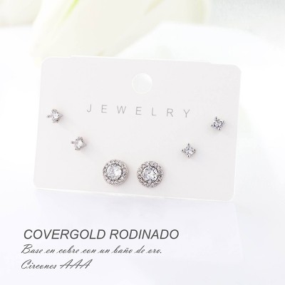 Set x 3 de aretes en covergold con baño en Rodio