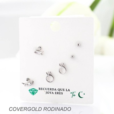 Set x 3 de aretes en covergold con baño en Rodio