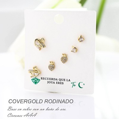 Set x 3 de aretes en covergold con baño en Rodio