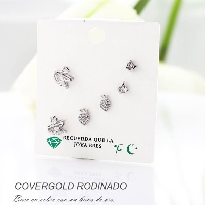 Set x 3 de aretes en covergold con baño en Rodio