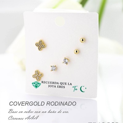 Set x 3 de aretes en covergold con baño en Rodio