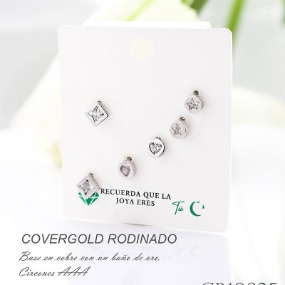 Set x 3 de aretes en covergold con baño en Rodio