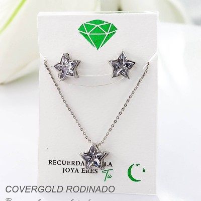 Set collar y aretes en covergold con baño en Rodio