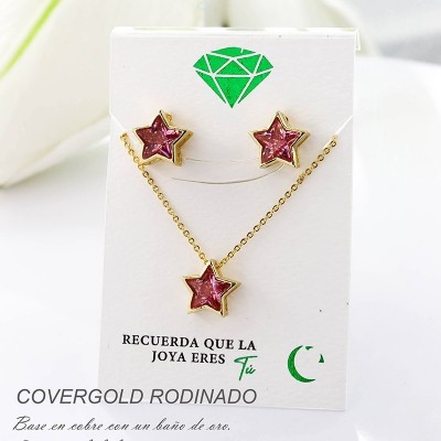 Set collar y aretes en covergold con baño en Rodio