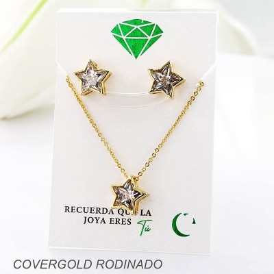 Set collar y aretes en covergold con baño en Rodio