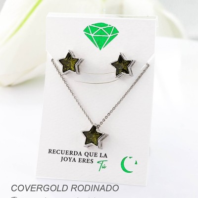 Set collar y aretes en covergold con baño en Rodio