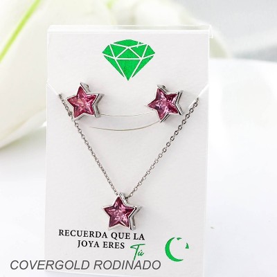 Set collar y aretes en covergold con baño en Rodio