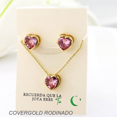 Set collar y aretes en covergold con baño en Rodio